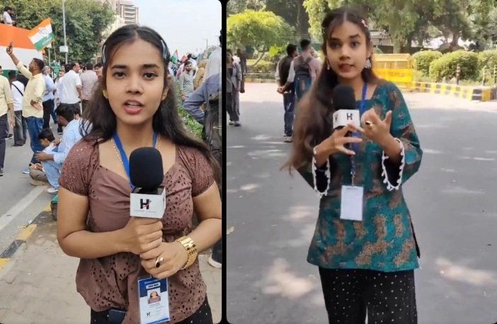 garima | No. 1 Indian Media News Portal Two young female reporters stand on a city street, each holding a microphone with a news logo and wearing ID badges in front of a crowd.