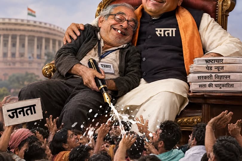 Two men sit on a throne amid a water-splashing crowd; one wears a 'सत्ता' label, the other has a journalist badge, with the Indian Parliament building in the background.
