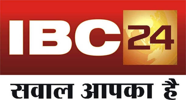 IBC24 news channel logo with a red gradient background and a golden globe block, plus the Hindi slogan 'सवाल आपका है' at the bottom font.
