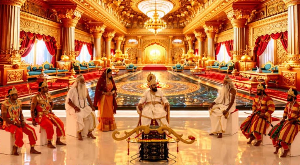 Luxurious royal hall with a gilded throne, chandeliers, and attendants in colorful traditional dress around a central figure.