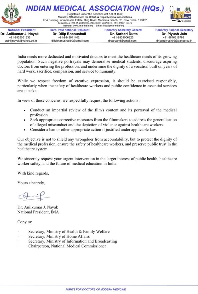 Letter on Indian Medical Association letterhead with logos and official names; body requests action on a film's portrayal of medicine, signed by Dr. Anilkumar J. Nayak, National President, IMA.