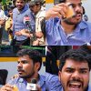 Collage of a man in a blue checkered shirt being interviewed by multiple reporters, holding a yellow card and speaking into several microphones near a bus.