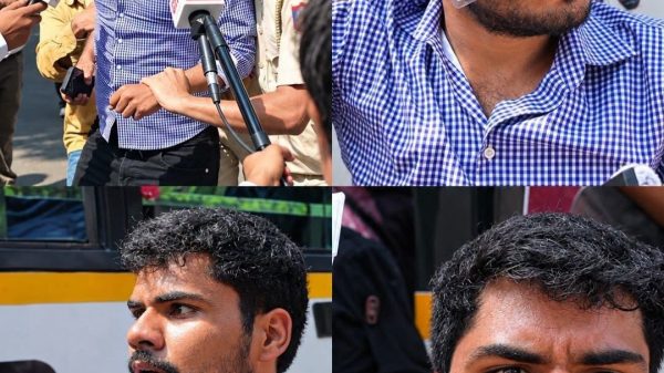 Collage of a man in a blue checkered shirt being interviewed by multiple reporters, holding a yellow card and speaking into several microphones near a bus.