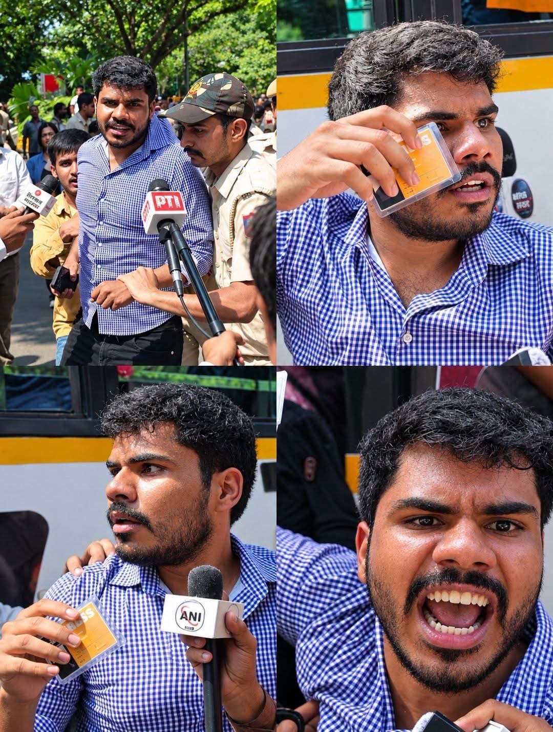 Collage of a man in a blue checkered shirt being interviewed by multiple reporters, holding a yellow card and speaking into several microphones near a bus.