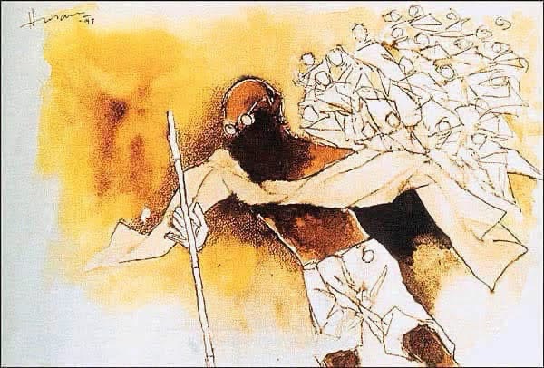img_1678 | No. 1 Indian Media News Portal Stylized painting of a muscular bearded man with a staff, bending forward as a crowd watches from the right against a yellow-orange background.