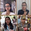 Collage of four people speaking on camera: top-left woman with glasses and white shirt outdoors, top-right woman with glasses wearing black shirt giving a thumbs-up indoors, bottom-left woman speaking outdoors with a microphone, bottom-right military officer being interviewed in uniform.