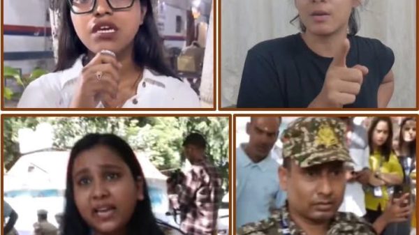 Collage of four people speaking on camera: top-left woman with glasses and white shirt outdoors, top-right woman with glasses wearing black shirt giving a thumbs-up indoors, bottom-left woman speaking outdoors with a microphone, bottom-right military officer being interviewed in uniform.