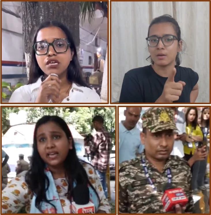 Collage of four people speaking on camera: top-left woman with glasses and white shirt outdoors, top-right woman with glasses wearing black shirt giving a thumbs-up indoors, bottom-left woman speaking outdoors with a microphone, bottom-right military officer being interviewed in uniform.