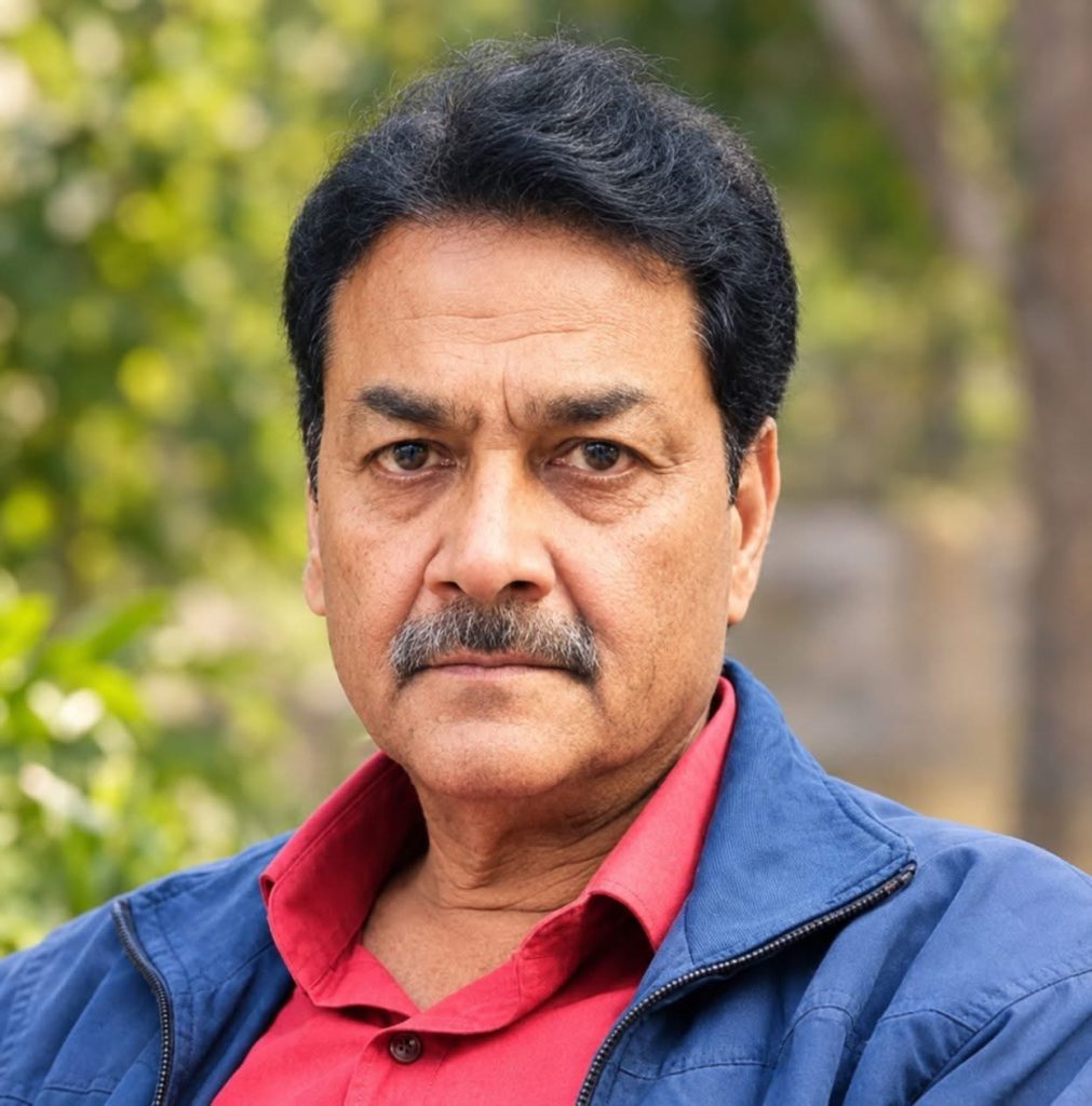 Portrait of a middle-aged man with dark hair and a mustache, wearing a red shirt and blue jacket outdoors with greenery in the background.