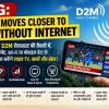 D2M promo banner: India moves closer to TV without internet; a hand holds a phone displaying live TV categories (News, Sports, Movies, Education) with a tall broadcast tower in the background.