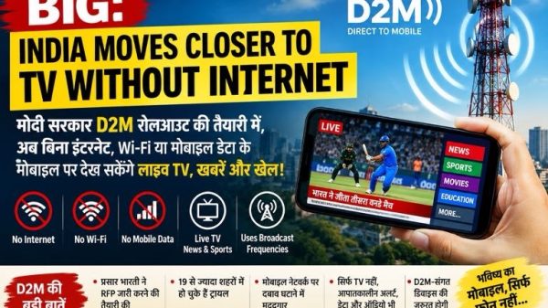 D2M promo banner: India moves closer to TV without internet; a hand holds a phone displaying live TV categories (News, Sports, Movies, Education) with a tall broadcast tower in the background.