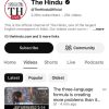 Screenshot of The Hindu's YouTube channel page showing header/logo, verified badge, Subscribe button, and video list with Latest/Popular/Oldest filters.