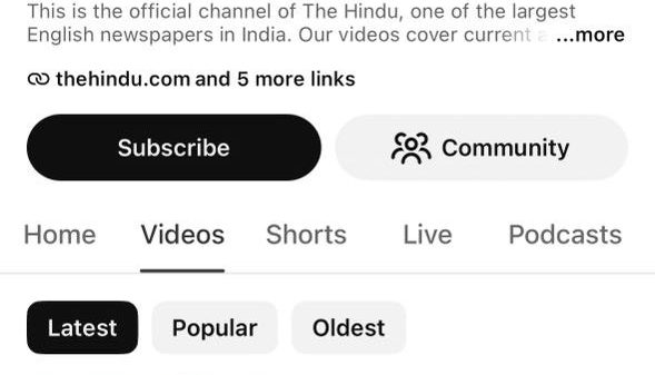 Screenshot of The Hindu's YouTube channel page showing header/logo, verified badge, Subscribe button, and video list with Latest/Popular/Oldest filters.