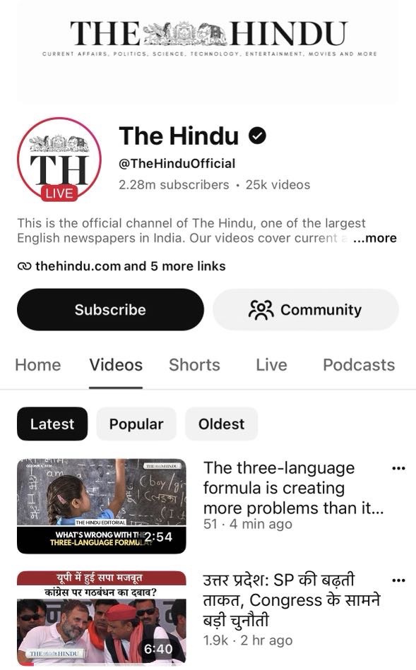 Screenshot of The Hindu's YouTube channel page showing header/logo, verified badge, Subscribe button, and video list with Latest/Popular/Oldest filters.