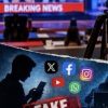 Collage of a TV news set with a 'BREAKING NEWS' banner, plus a torn 'FAKE NEWS' sign and social media icons, signaling misinformation.