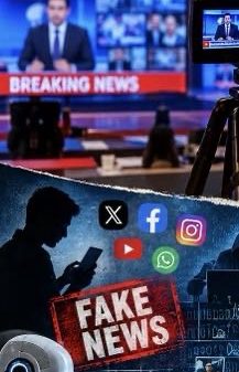 Collage of a TV news set with a 'BREAKING NEWS' banner, plus a torn 'FAKE NEWS' sign and social media icons, signaling misinformation.