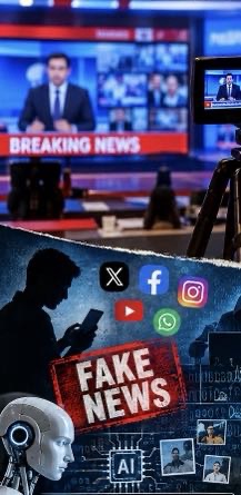Collage of a TV news set with a 'BREAKING NEWS' banner, plus a torn 'FAKE NEWS' sign and social media icons, signaling misinformation.