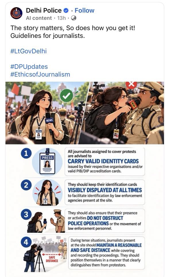 Panel of journalists covering protests beside police, with a four-step infographic outlining journalist IDs, visibility, non-obstruction, and safe distancing guidelines at protests (Delhi Police).