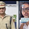 Two-panel image: left shows a police officer in khaki uniform and cap; right shows a female reporter with glasses speaking on camera, with a caption about alleged assault at a protest.
