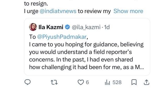 Screenshot of Ila Kazmi's Twitter post about resigning from IndiTV News and asking Indiatvnews to review her show; includes an embedded tweet.