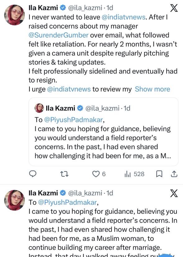 Screenshot of Ila Kazmi's Twitter post about resigning from IndiTV News and asking Indiatvnews to review her show; includes an embedded tweet.