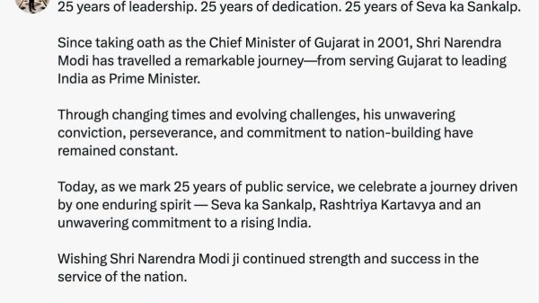 Dhanraj Nathwani's tweet celebrating 25 years of Seva ka Sankalp and Narendra Modi's journey from Gujarat to Prime Minister, with hashtags included in the post.