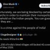 Tweet screenshot: Elon Musk on X claiming oligarchs block the Indian people, with text 'Unfortunately, we are being blocked by certain oligarchs in order to maintain their monopolistic chokehold on the Indian people. You can guess who they are … This is a crime against the people of India!' and a repost from DogeDesigner about India needing Starlink, noting '11,256 of India’s listed villages still lacked 4G coverage as of May 2026.'