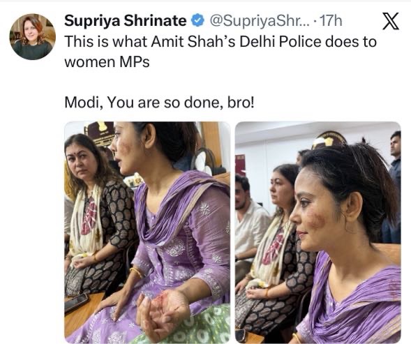 Screenshot | No. 1 Indian Media News Portal Screenshot of a tweet alleging Delhi Police mistreated women MPs; two photos show a woman with bruises in a purple outfit.