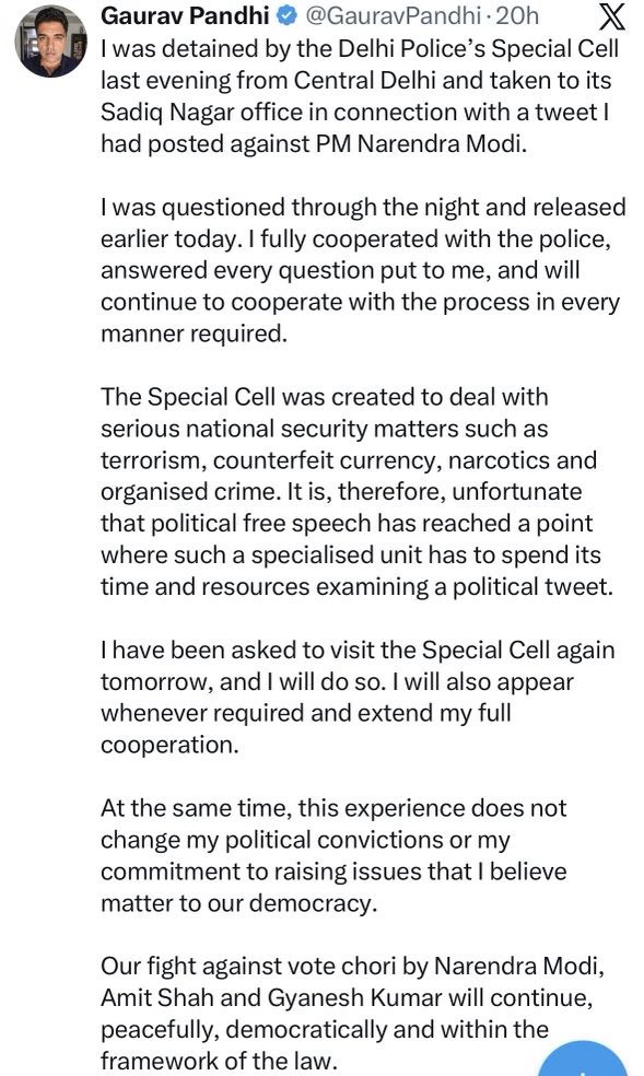 Screenshot | No. 1 Indian Media News Portal Tweet by Gaurav Pandhi saying he was detained by Delhi Police's Special Cell, questioned overnight, released, and he will continue cooperating with the investigation.