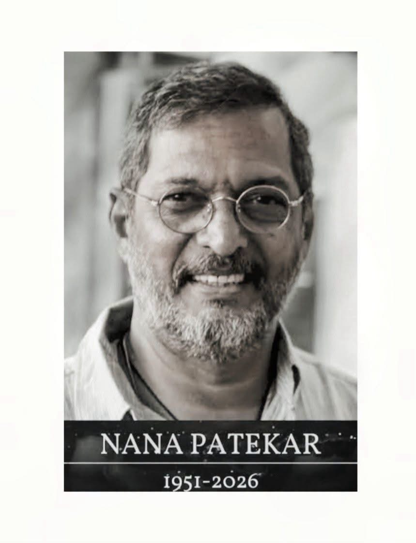 Black-and-white portrait of Nana' Patek ar looking at the camera, with a memorial banner reading 'NANA' PATEKAR 1951–2026' at the bottom