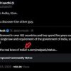 Screenshot of Rahul Gandhi's tweet saying 'Welcome to India, Elon. Wait till you discover the other guy.' Below is Elon Musk's tweet about Starlink licensing, with a red pen annotation visible in the screenshot.