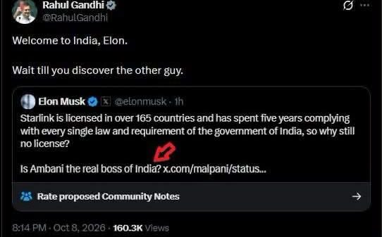 Screenshot of Rahul Gandhi's tweet saying 'Welcome to India, Elon. Wait till you discover the other guy.' Below is Elon Musk's tweet about Starlink licensing, with a red pen annotation visible in the screenshot.