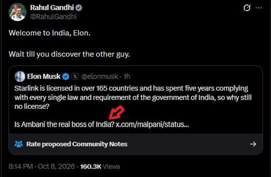 Screenshot of Rahul Gandhi's tweet saying 'Welcome to India, Elon. Wait till you discover the other guy.' Below is Elon Musk's tweet about Starlink licensing, with a red pen annotation visible in the screenshot.
