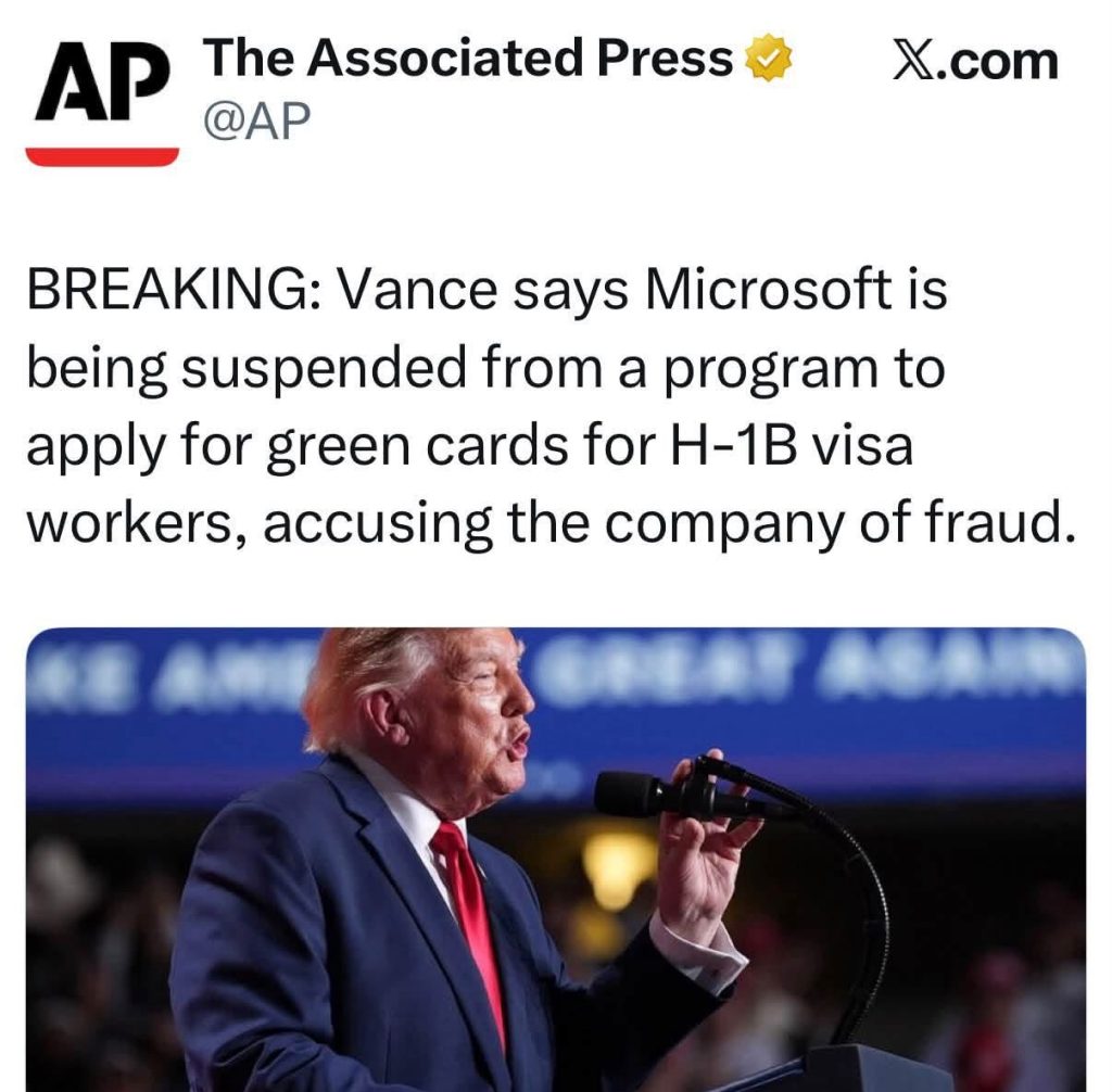 AP News breaking headline about Vance accusing Microsoft of fraud; photo of Donald Trump speaking at a microphone at a podium.