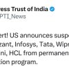 News alert from Press Trust of India: US suspends Cognizant, Infosys, Tata, Wipro, Capgemini, HCL from the permanent labor certification program.