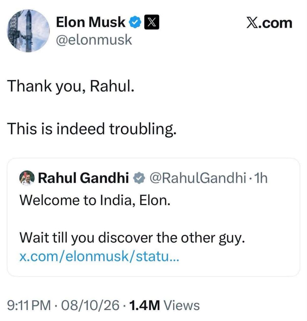 Screenshot of Elon Musk's Twitter post thanking Rahul Gandhi, with Rahul Gandhi's quoted tweet about Elon Musk (titled 'Welcome to India, Elon').