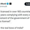 Tweet about Starlink licensing: 'Starlink is licensed in over 165 countries and has spent five years complying with every single law and requirement of the government of India, so why still no license? Is Ambani the real boss of India?'