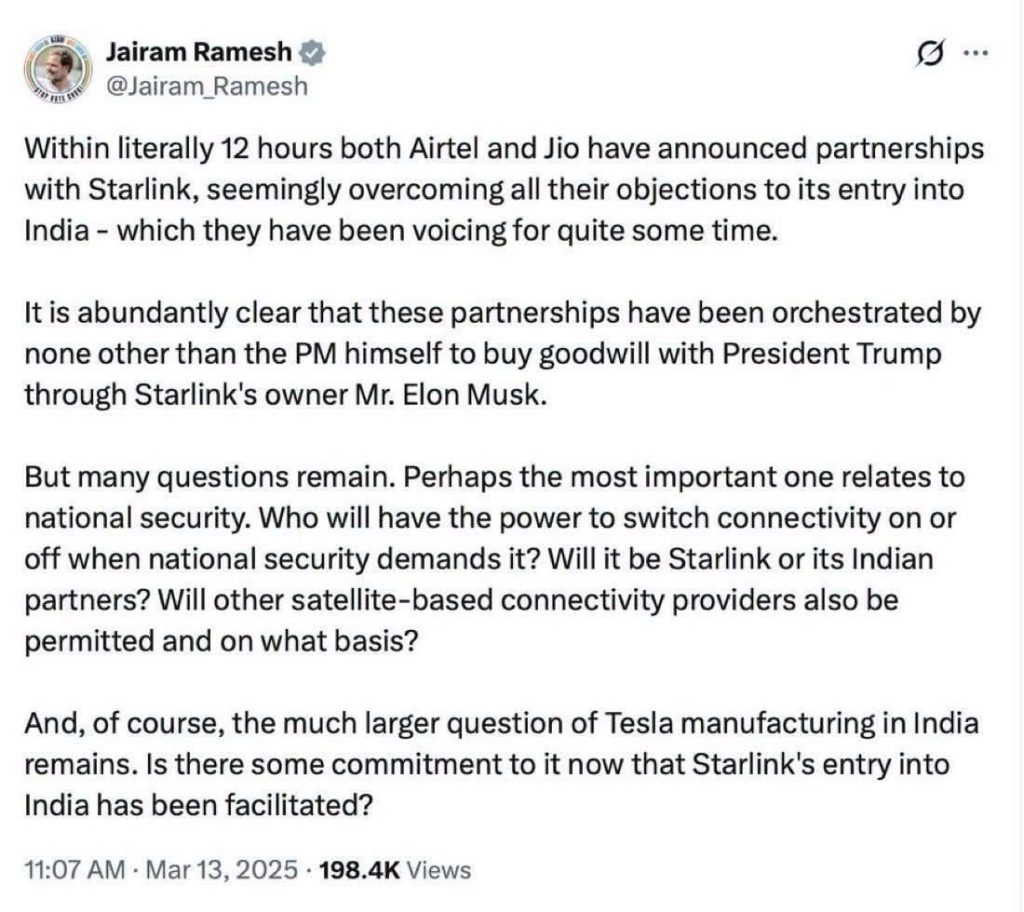 img_1932 | No. 1 Indian Media News Portal Screenshot of Jairam Ramesh's tweet alleging Airtel and Jio formed partnerships with Starlink to enter India, with questions about national security and Starlink's entry facilitated by Elon Musk.