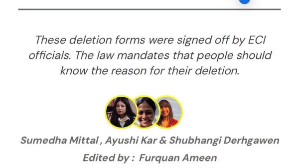 Governance article banner: 'In UP SIR, ECI Software Auto-generated 85,854 Forms to Delete Voters Without a Reason' with three author photos below.
