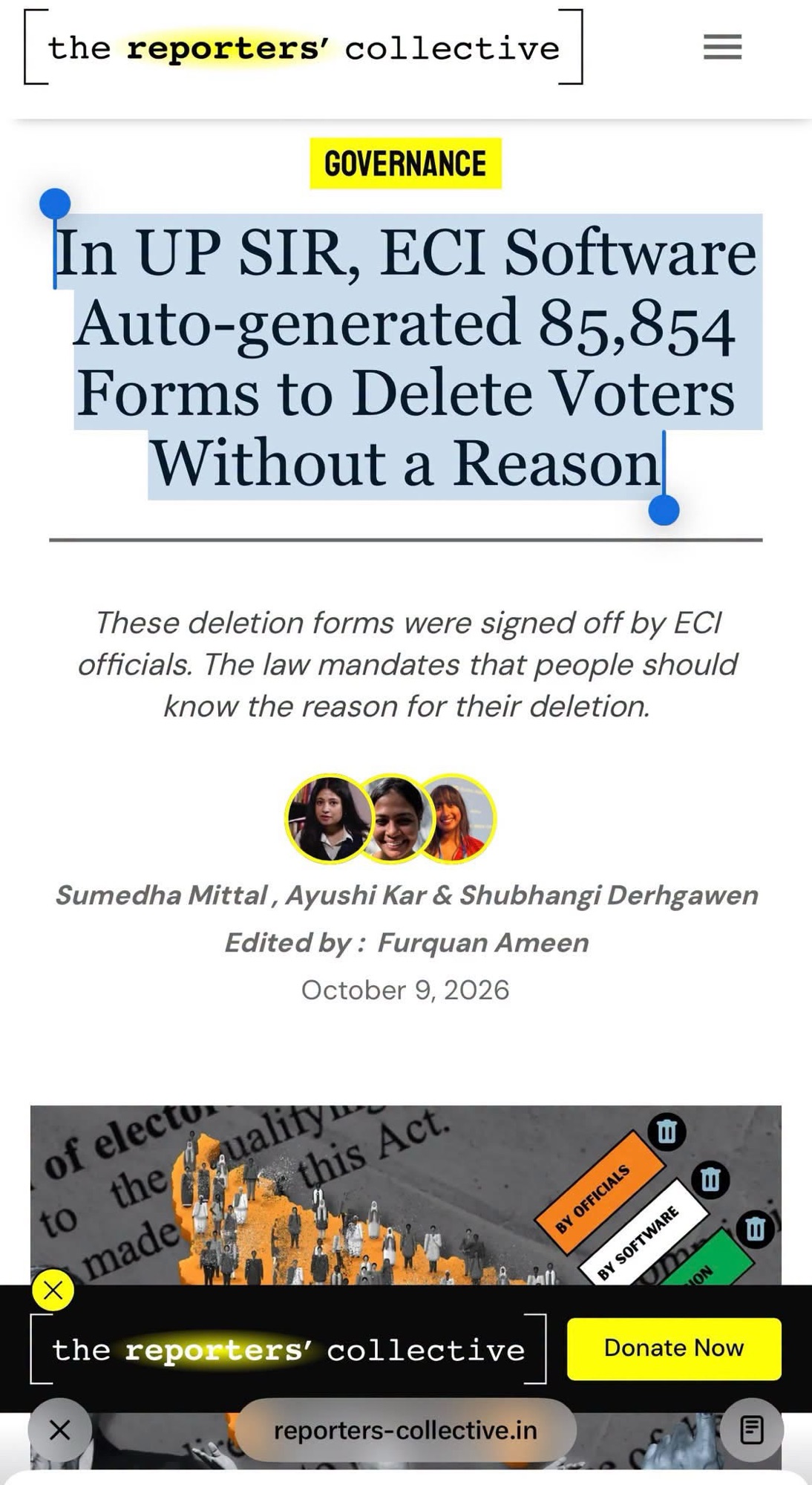 Governance article banner: 'In UP SIR, ECI Software Auto-generated 85,854 Forms to Delete Voters Without a Reason' with three author photos below.
