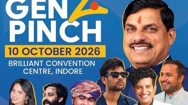 Poster advertising 'Gen Z Pinch' comedy show by News Pinch, 10 October 2026 at Brilliant Convention Centre, Indore, with multiple performers pictured.