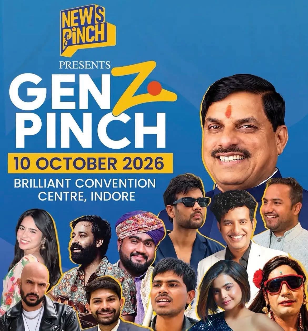 img_1962 | No. 1 Indian Media News Portal Poster advertising 'Gen Z Pinch' comedy show by News Pinch, 10 October 2026 at Brilliant Convention Centre, Indore, with multiple performers pictured.