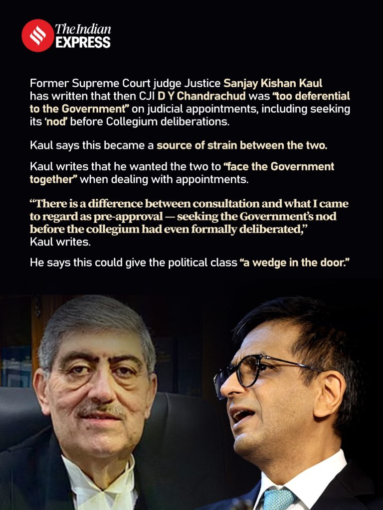 indian express | No. 1 Indian Media News Portal The Indian Express logo in the top left with a block of article-style quotes about Justice Sanjay Kishan Kaul, then a photo of two men in suits speaking in the foreground.