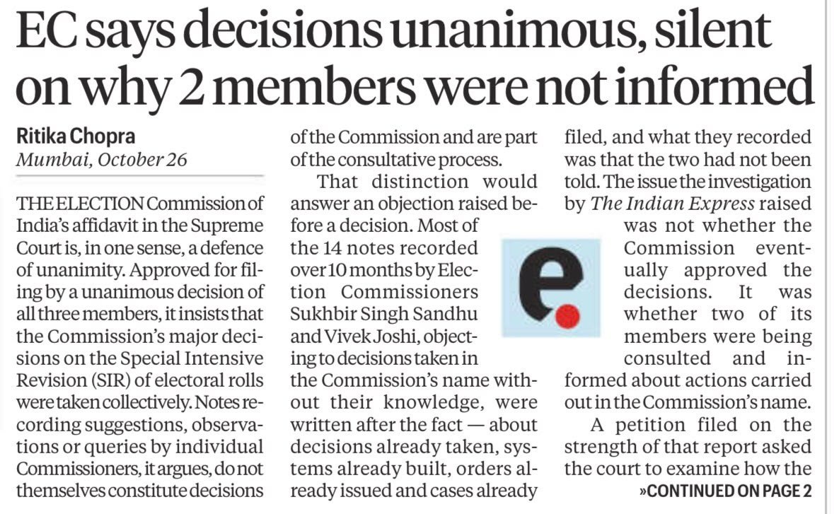 indian express_ritika | No. 1 Indian Media News Portal Newspaper front-page headline: 'EC says decisions unanimous, silent on why 2 members were not informed' by Ritika Chopra, Mumbai, October 26evidence.