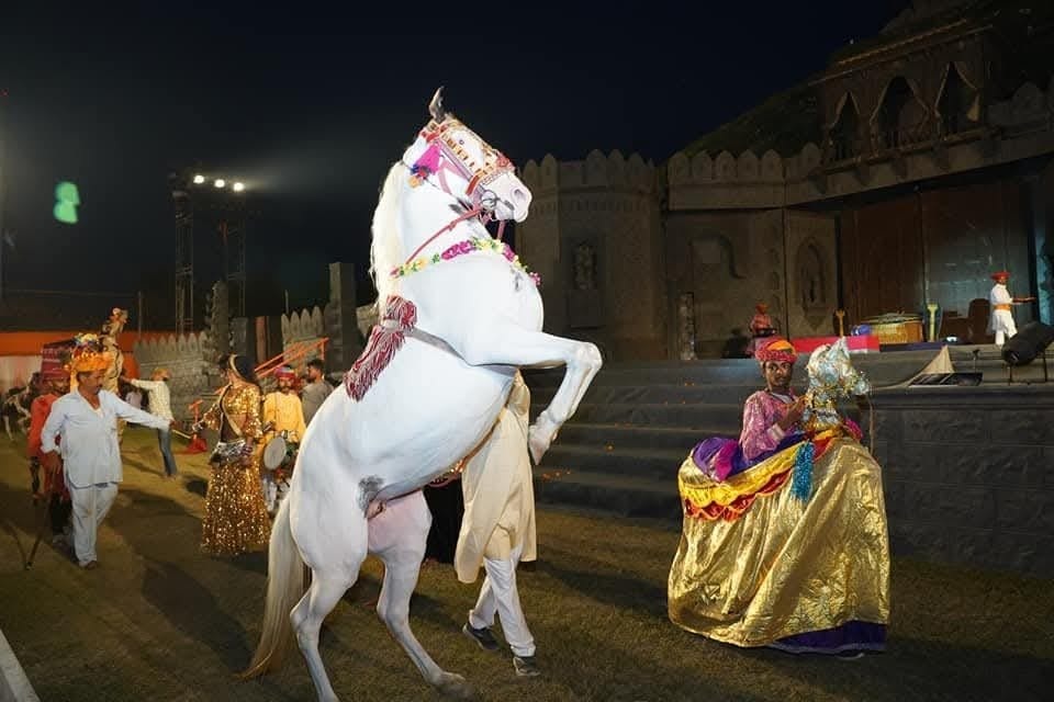 Nighttime stage performance featuring a white horse rearing, with colorful costumed performers nearby.