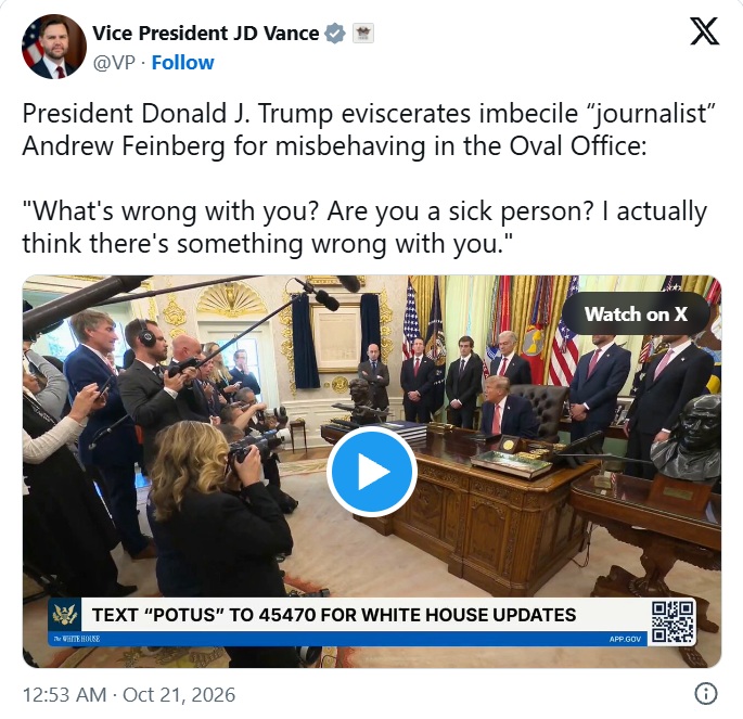 jd vance | No. 1 Indian Media News Portal Video thumbnail: President Trump in the Oval Office behind a desk, surrounded by reporters and photographers.
