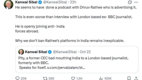 Screenshot of Kanwal Sibal's tweet criticizing a London-based journalist Dhruv Rathee, claiming he’s advertising the podcast and that India should ban his platforms; includes an embedded tweet from Sibal.