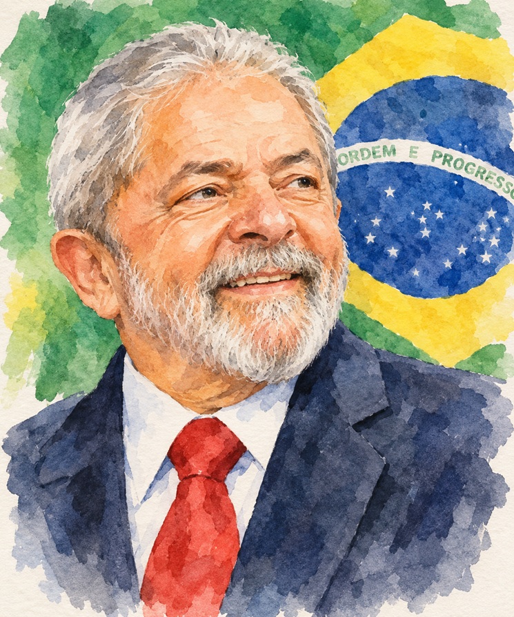 lula_1 | No. 1 Indian Media News Portal Watercolor portrait of a smiling older man with a gray beard in a dark suit and red tie, with a Brazilian flag behind.