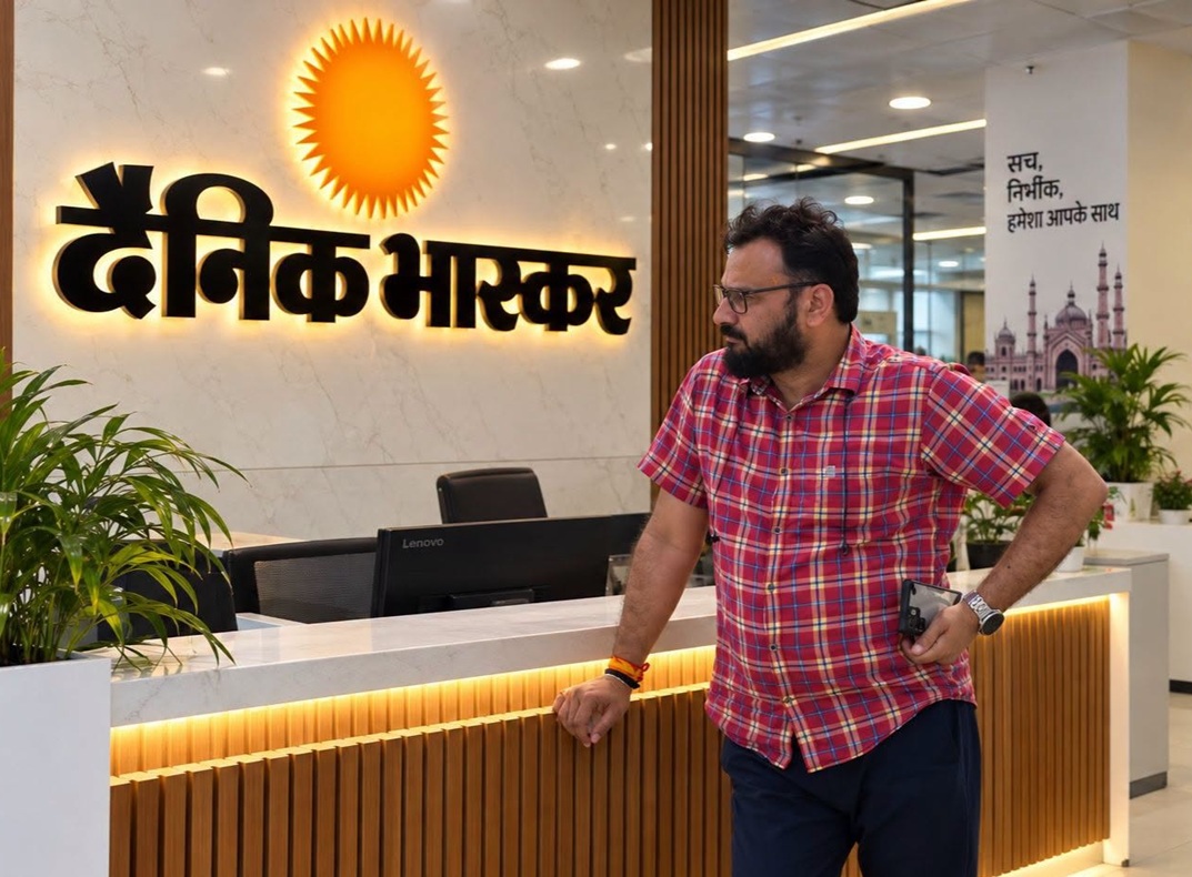 manish mishra | No. 1 Indian Media News Portal Bearded man in a red plaid shirt stands at a marble reception desk with a sun logo in Hindi signage behind him.