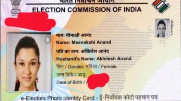 Election Commission of India voter ID card with a passport photo of Meenakshi Anand, showing her name, husband's name Akhilesh Anand, and gender female.